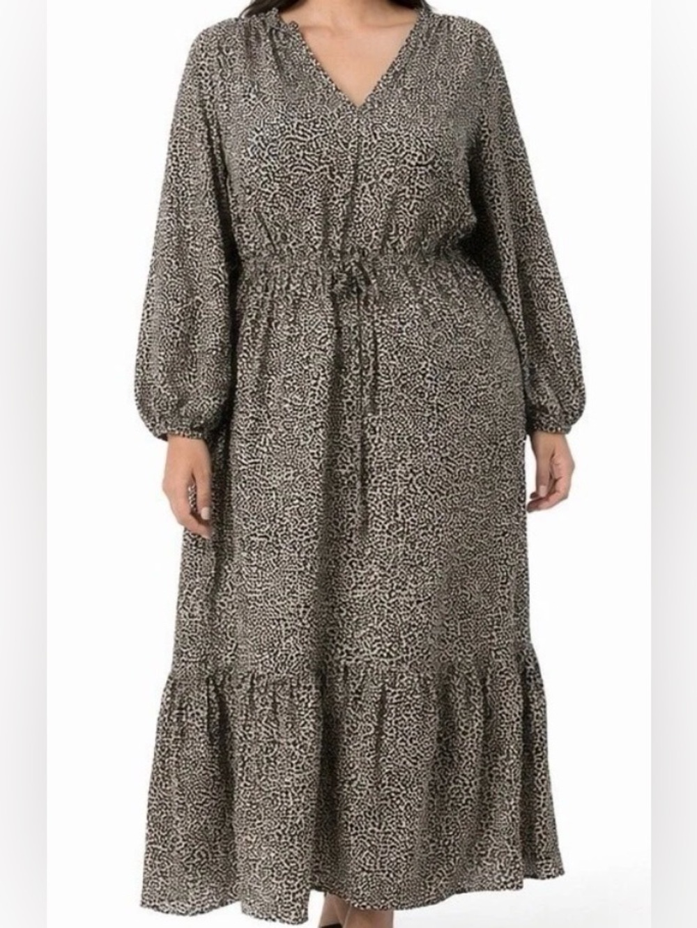 A New Day Women 3X Leopard Print Midi Dress Balloon Long Sleeve Tiered High Low - Picture 3 of 14